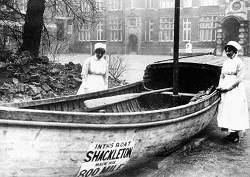 The James Caird on display at London's Middlesex Hospital, after its epic journey